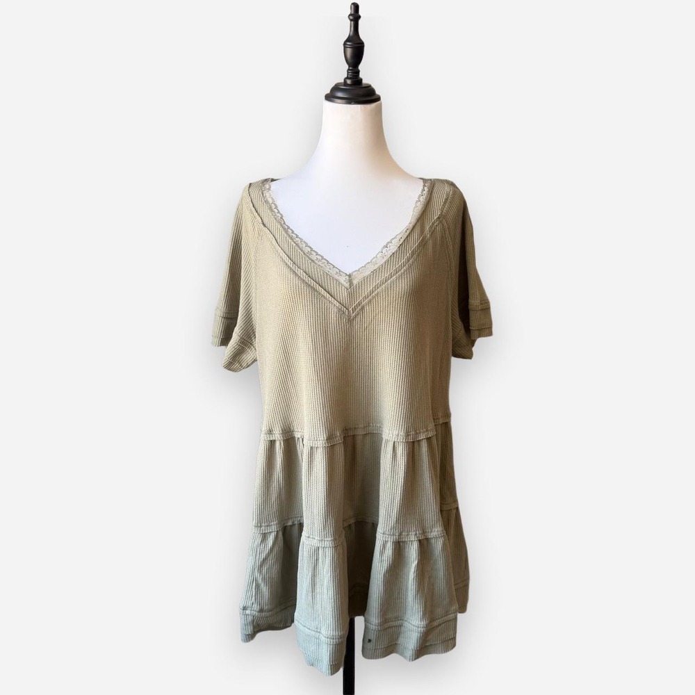 Intimately Free People Sage Green Thermal Tiered Tunic Mini Dress Boho Large